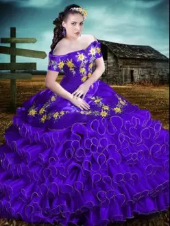 High Class Ball Gowns Quinceanera Dress Purple Off The Shoulder Organza Sleeveless Floor Length Lace Up