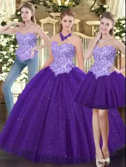 Purple Sweetheart Lace Up Beading Quinceanera Gowns Sleeveless