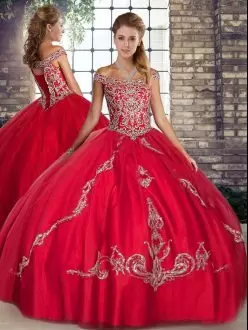 Red Sleeveless Tulle Lace Up Quinceanera Dress for Military Ball and Sweet 16 and Quinceanera