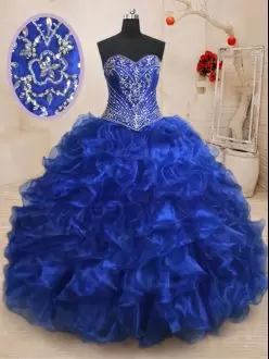 Fine Royal Blue Vestidos de Quinceanera Military Ball and Sweet 16 and Quinceanera with Beading and Ruffles Sweetheart Sleeveless Brush Train Lace Up