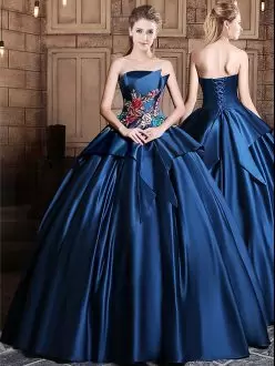 Floor Length Lace Up Quinceanera Dress Navy Blue for Military Ball and Sweet 16 and Quinceanera with Appliques