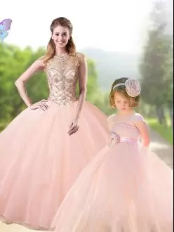 Peach Ball Gowns Tulle Scoop Sleeveless Beading Floor Length Lace Up Quinceanera Dress