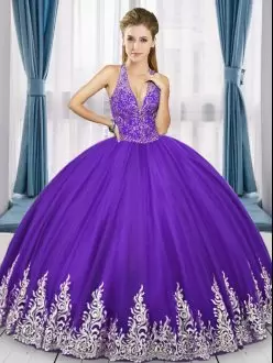 Lovely Floor Length Purple Sweet 16 Dress Deep V-neck Lace Up Back