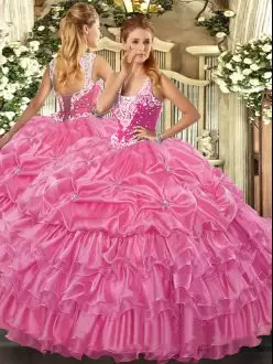 Low Price Rose Pink Quince Ball Gowns Military Ball and Sweet 16 and Quinceanera with Beading and Ruffled Layers and Pick Ups Straps Sleeveless Lace Up