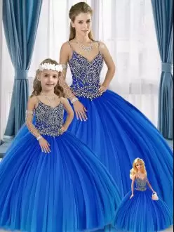 Blue Sleeveless Beading Floor Length Sweet 16 Dresses
