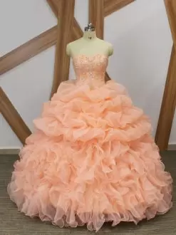 Cheap Ball Gowns Sleeveless Peach Ball Gown Prom Dress Sweep Train Lace Up