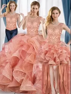 Glittering Peach Ball Gowns Scoop Sleeveless Organza Floor Length Lace Up Beading and Ruffles 15 Quinceanera Dress