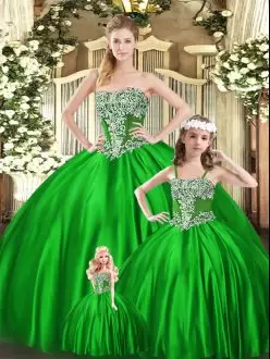 Green Lace Up Quinceanera Gown Beading Sleeveless Floor Length