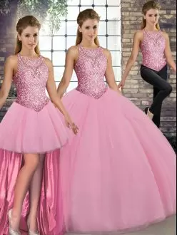 Sleeveless Floor Length Embroidery Lace Up Quinceanera Gowns with Pink