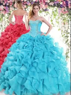 High Class Organza Sweetheart Sleeveless Sweep Train Lace Up Beading and Ruffles Sweet 16 Quinceanera Dress in Baby Blue