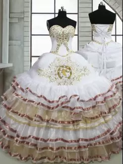 Charro Themed White Organza Ruffed Bottom Quinceanera Dress with Gold Embroidery and Ruffled Layers