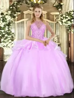 Suitable Floor Length Lilac 15th Birthday Dress Organza Sleeveless Beading