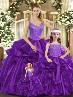 Sleeveless Floor Length Beading and Ruffles Lace Up Sweet 16 Quinceanera Dress with Purple