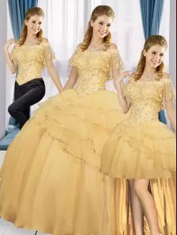 Gold Quinceanera Dresses Quinceanera with Beading and Ruffled Layers Off The Shoulder Sleeveless Lace Up