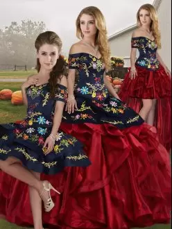 On Sale Sleeveless Organza Floor Length Lace Up Sweet 16 Quinceanera Dress in Red And Black with Embroidery and Ruffles