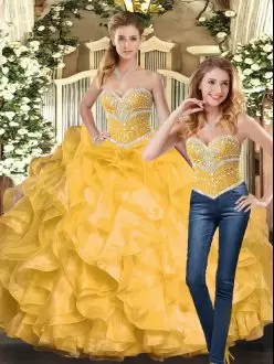 Graceful Sweetheart Sleeveless Lace Up Sweet 16 Dresses Gold Organza Beading and Ruffles