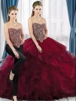 Sweetheart Sleeveless Brush Train Lace Up Quinceanera Gowns Burgundy Tulle Beading and Ruffles