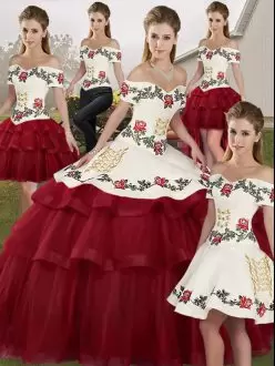 Wine Red Quince Ball Gowns Tulle Brush Train Sleeveless Embroidery and Ruffled Layers