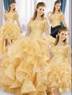 Gold Organza Lace Up Off The Shoulder Sleeveless Floor Length 15 Quinceanera Dress Beading and Ruffles