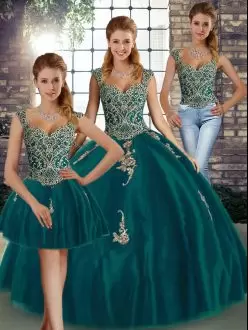 Pretty Floor Length Peacock Green Sweet 16 Quinceanera Dress Tulle Sleeveless Beading and Appliques