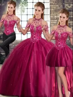 Fuchsia Halter Top Neckline Beading Quinceanera Gowns Sleeveless Lace Up