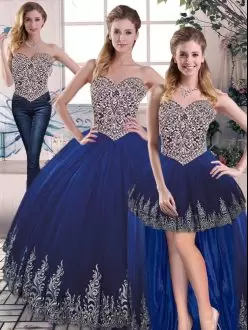 Royal Blue Sleeveless Embroidery Floor Length Quinceanera Gown