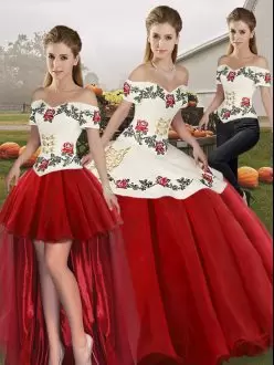 White And Red 15 Quinceanera Dress Military Ball and Sweet 16 and Quinceanera with Embroidery Off The Shoulder Sleeveless Lace Up