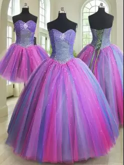 Dazzling Multi-color Sleeveless Tulle Lace Up Quinceanera Dresses for Military Ball and Sweet 16 and Quinceanera