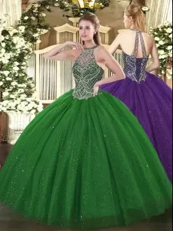 Beading Quince Ball Gowns Green Lace Up Sleeveless Floor Length