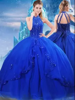 Fashion High-neck Sleeveless Brush Train Lace Up Quinceanera Gowns Royal Blue Tulle Beading and Ruffles