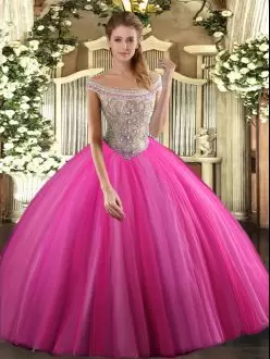 Admirable Beading Sweet 16 Quinceanera Dress Hot Pink Lace Up Sleeveless Floor Length