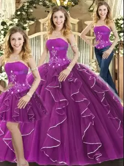 Low Price Purple Strapless Neckline Beading and Ruffles Quinceanera Gowns Sleeveless Lace Up