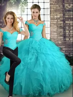 Floor Length Lace Up 15th Birthday Dress Aqua Blue for Military Ball and Sweet 16 and Quinceanera with Beading and Ruffles