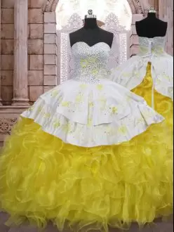 Yellow And White Ball Gowns Sweetheart Sleeveless Organza Brush Train Lace Up Beading and Appliques and Ruffles Vestidos de Quinceanera