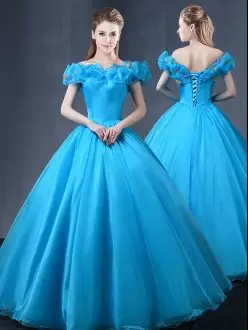 Cheap Off The Shoulder Cap Sleeves Aqua Blue Tulle Ball Gown Quince Dress with Butterfly