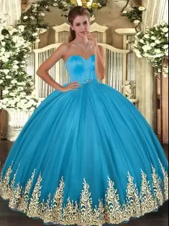 Edgy Floor Length Lace Up Quinceanera Dress Baby Blue for Military Ball and Sweet 16 and Quinceanera with Appliques