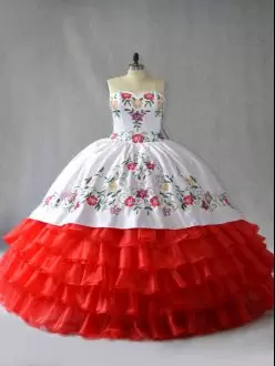 Attractive White And Red Sleeveless Organza Lace Up Quince Ball Gowns for Sweet 16 and Quinceanera