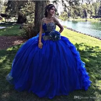 Floor Length Royal Blue Quinceanera Gown Off The Shoulder Sleeveless Lace Up