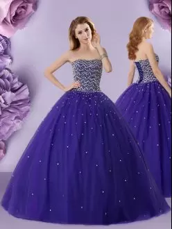 Affordable Customized Strapless Quinceanera Dress Floor Length Beading Purple Tulle