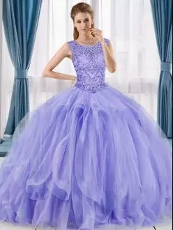 Lavender Lace Up Scoop Beading and Ruffles Quince Ball Gowns Tulle Sleeveless