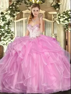 Floor Length Rose Pink Sweet 16 Dresses Organza Sleeveless Beading and Ruffles