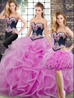 Lilac Ball Gowns Tulle Sweetheart Sleeveless Beading and Embroidery and Ruffles Lace Up Quinceanera Dresses Sweep Train