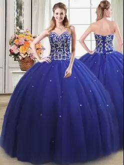 Sleeveless Floor Length Beading Lace Up Quinceanera Gown with Royal Blue