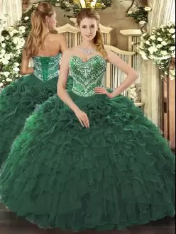 Fantastic Sleeveless Tulle Floor Length Lace Up Sweet 16 Quinceanera Dress in Dark Green with Beading and Ruffled Layers
