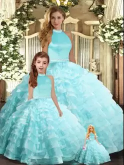 Fine Halter Top Sleeveless Backless Sweet 16 Dresses Aqua Blue Organza Beading and Ruffled Layers