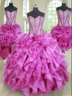 Fabulous Fuchsia Sweetheart Lace Up Beading and Ruffles Quince Ball Gowns Sleeveless