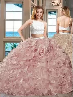Pink Sleeveless Floor Length Beading and Ruffles Backless Quinceanera Gowns Straps