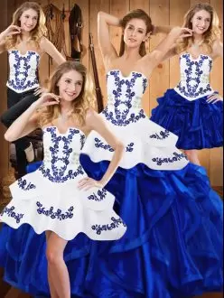 Extravagant Sleeveless Floor Length Embroidery and Ruffles Lace Up Quinceanera Dresses with Blue