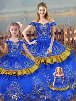 Satin Off The Shoulder Sleeveless Lace Up Embroidery Sweet 16 Quinceanera Dress in Blue