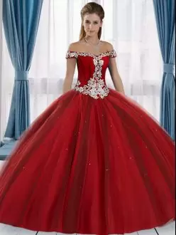 Hot Selling Floor Length Red Quinceanera Gowns Tulle Sleeveless Lace and Appliques